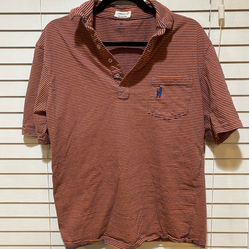 Johnnie-O Mens‎ XL Striped Polo Shirt Orange Navy Blue Bandon Dunes Golf Prep